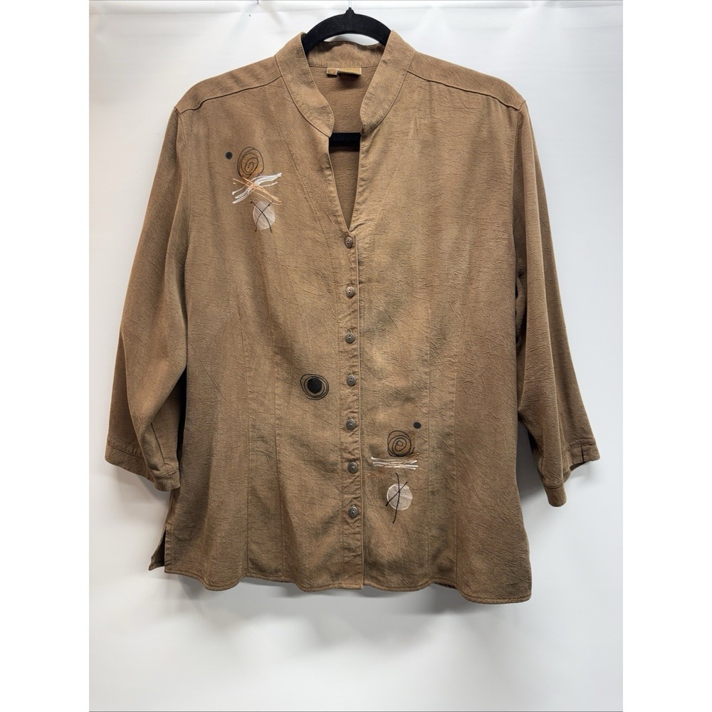 Tianello Tunic Jacket‎ Tencel Artistic Abstract Print Sz L Mandarin Collar Brown